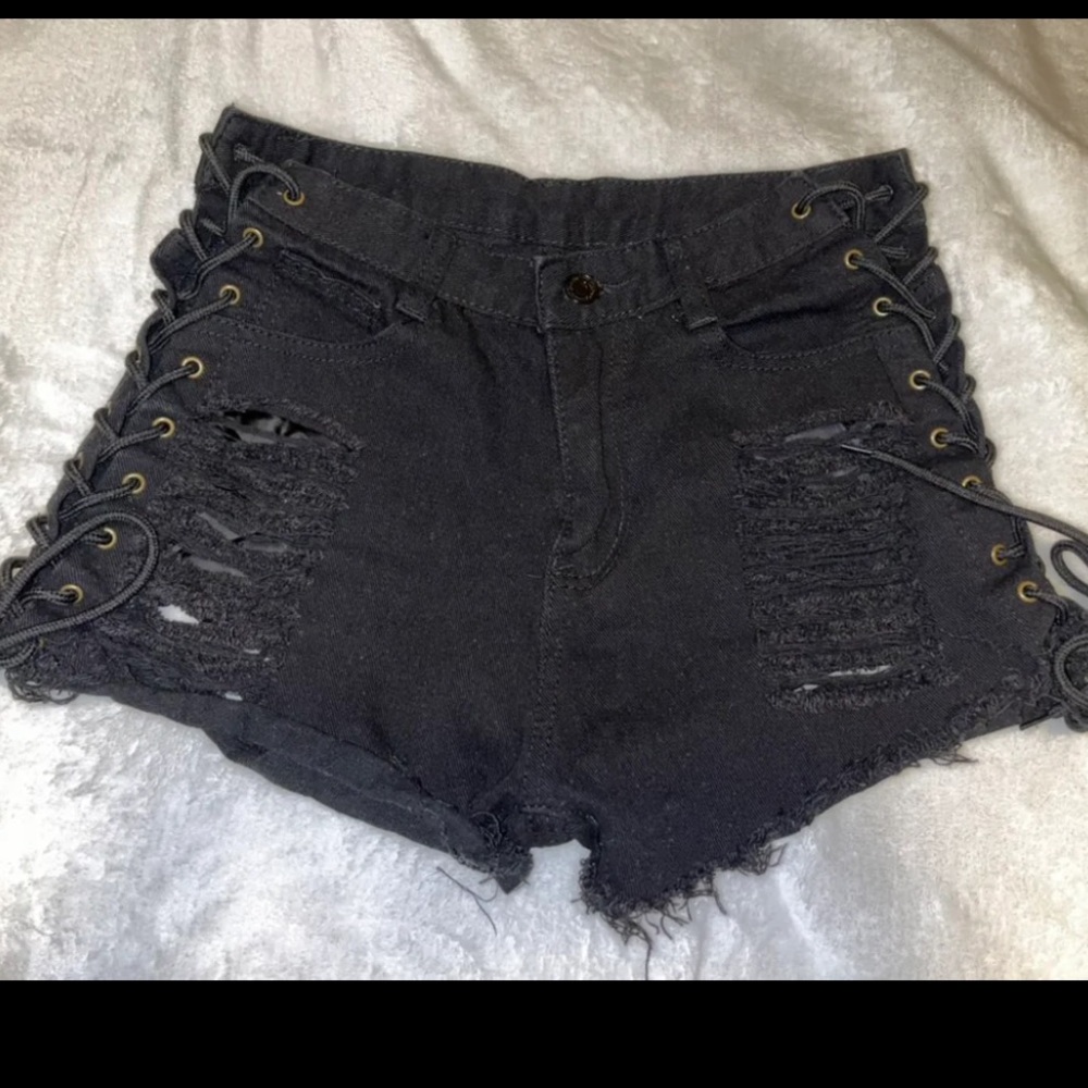 Black tie up jean shorts